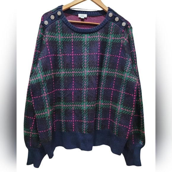 XXL Plaid Multicolor Rhinestone Crewneck Sweater - Picture 1 of 6